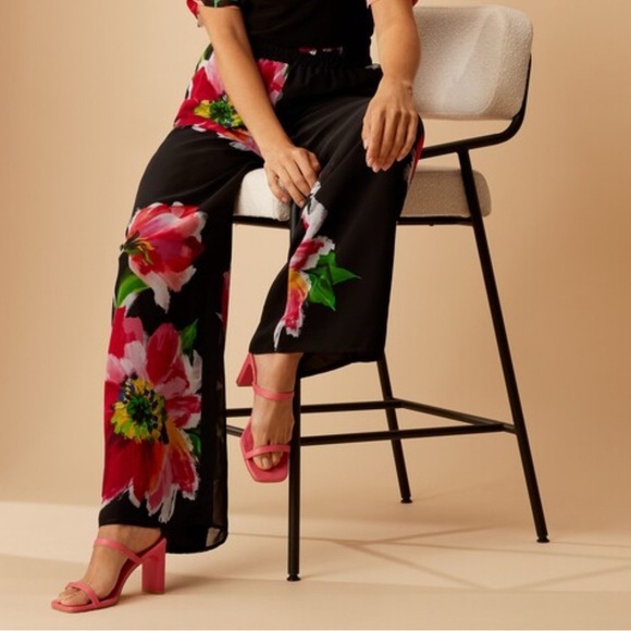 Frank Lyman floral chiffon wide leg women’s trousers Size 14 pull on Resortwear - Picture 5 of 15